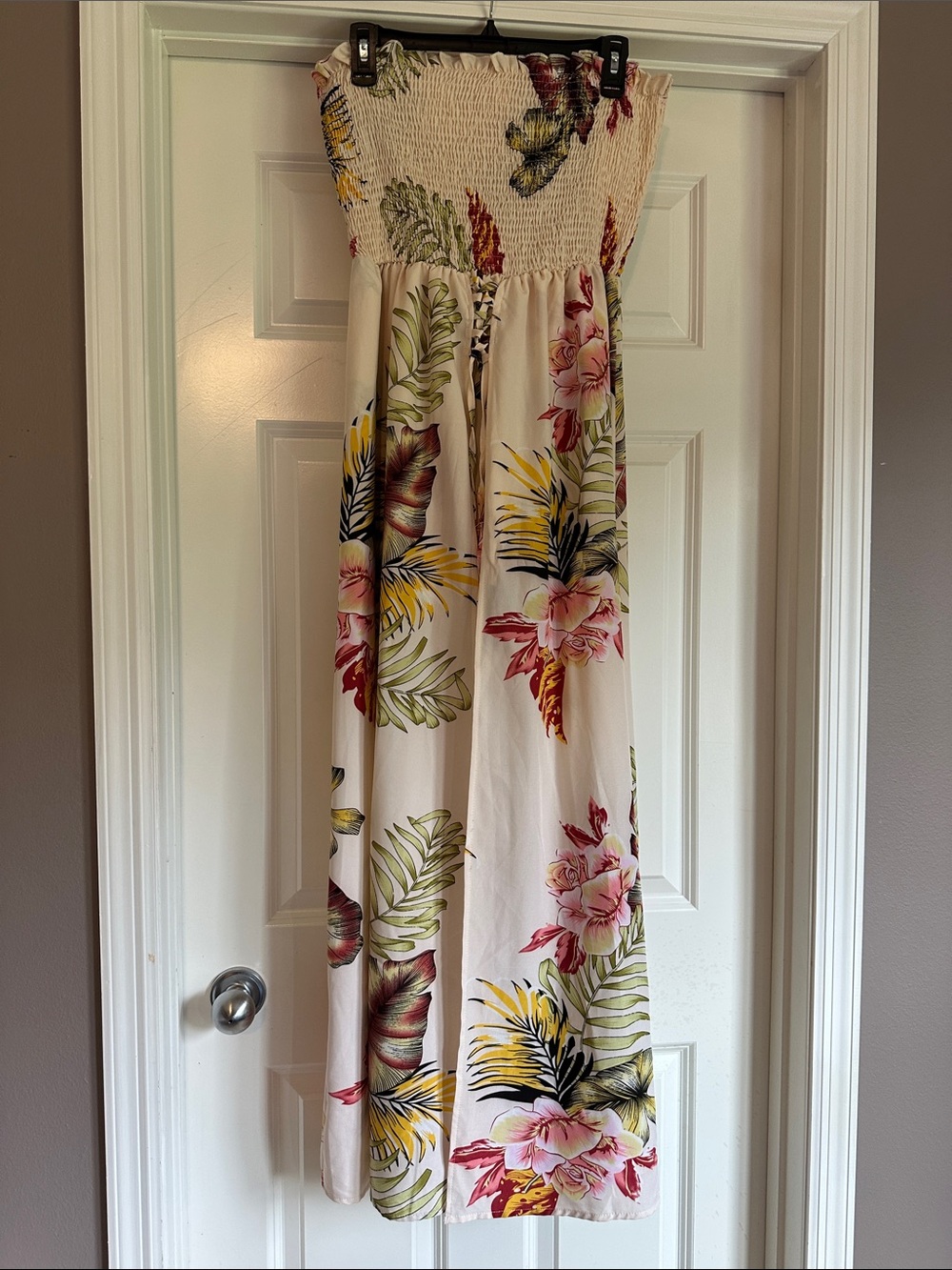 Floral Strapless Maxi Dress - Cream with Pink & Green Floral shorts underneath